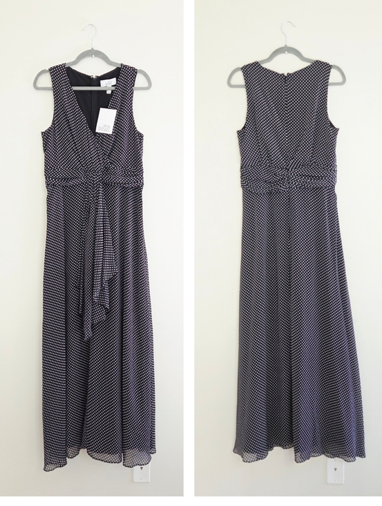 Badgley Mischka Dresses & Skirts - Belle BADGLEY MISCHKA Black White Polka Dot Chiffon Drape Waist Gown Dress 12